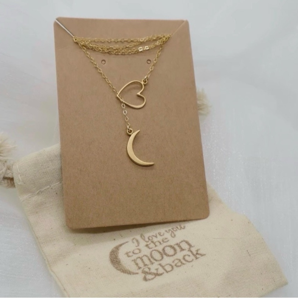 I love you to the moon and back lariat necklace, dainty heart and moon Valentine